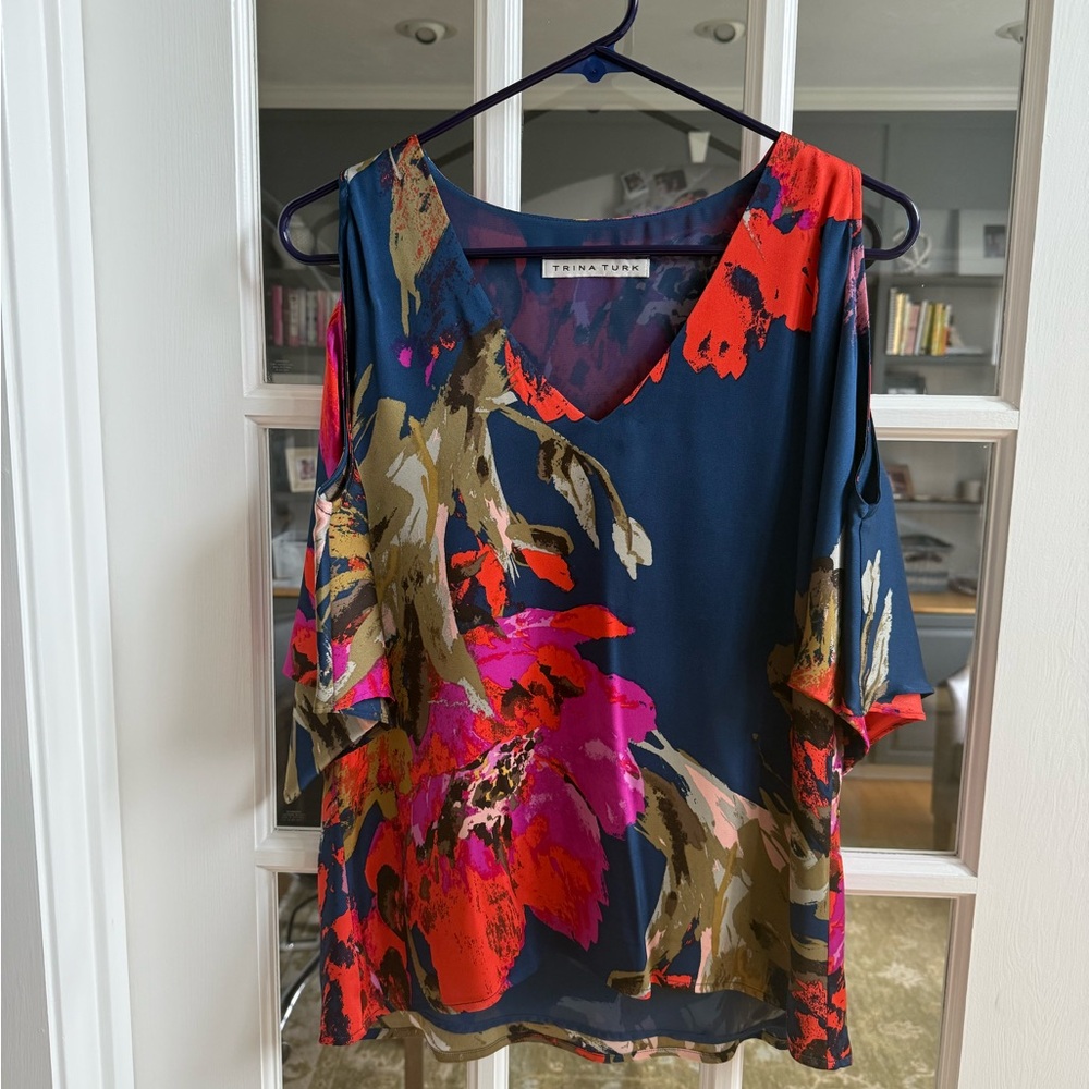 Trina Turk Floral Silk Cold Shoulder Top - Size S